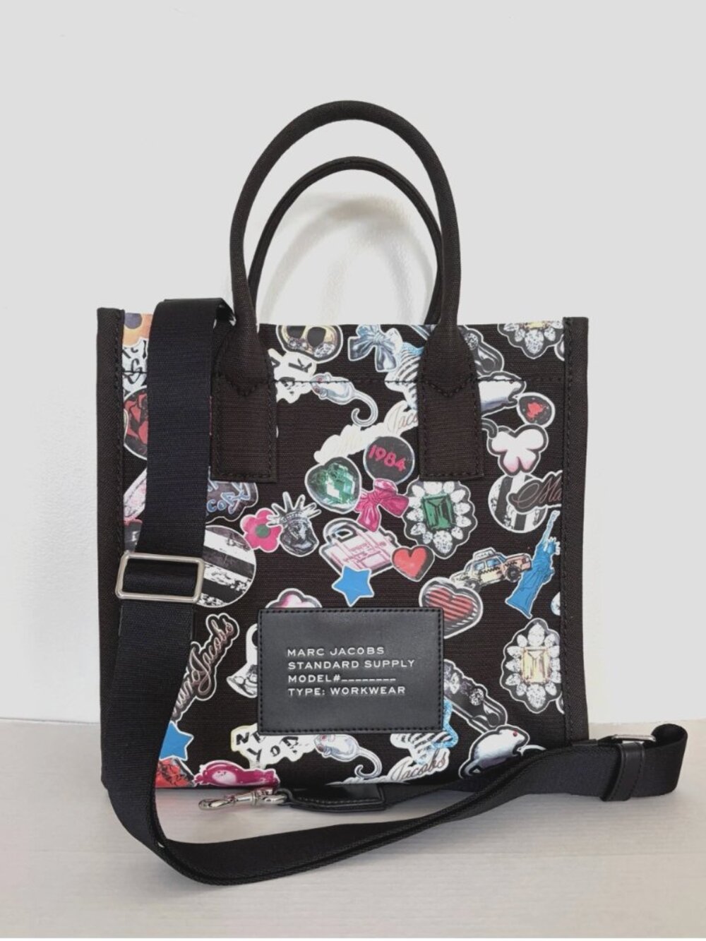 New Marc Jacobs Cotton Canvas Graphic Sticker-Print Medium Tote Black Multi - Picture 4 of 5